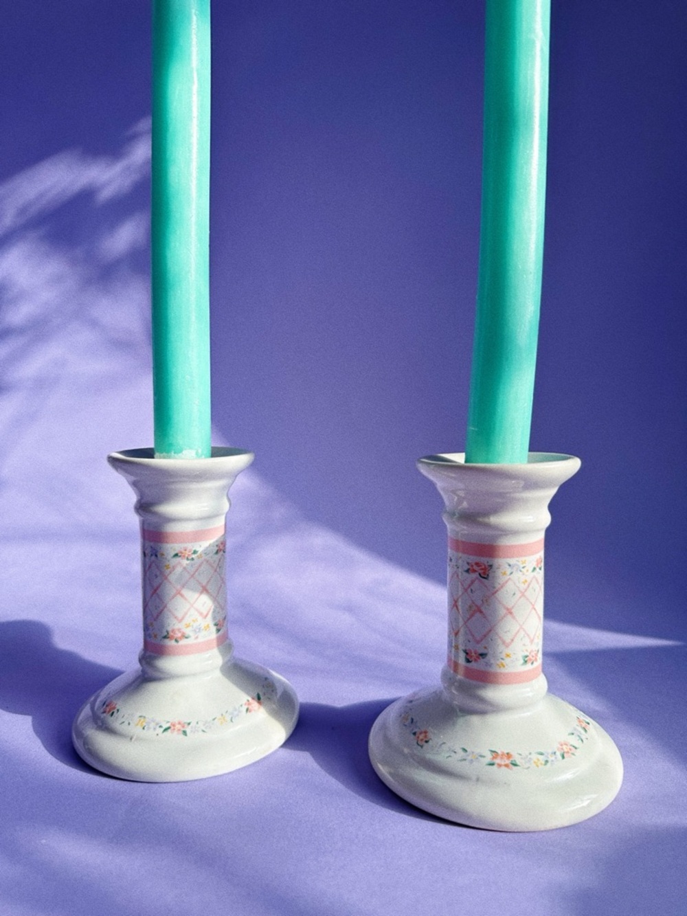 Vintage 80s Sweet Ceramic Floral Pattern Candle Holders in White and Pink
